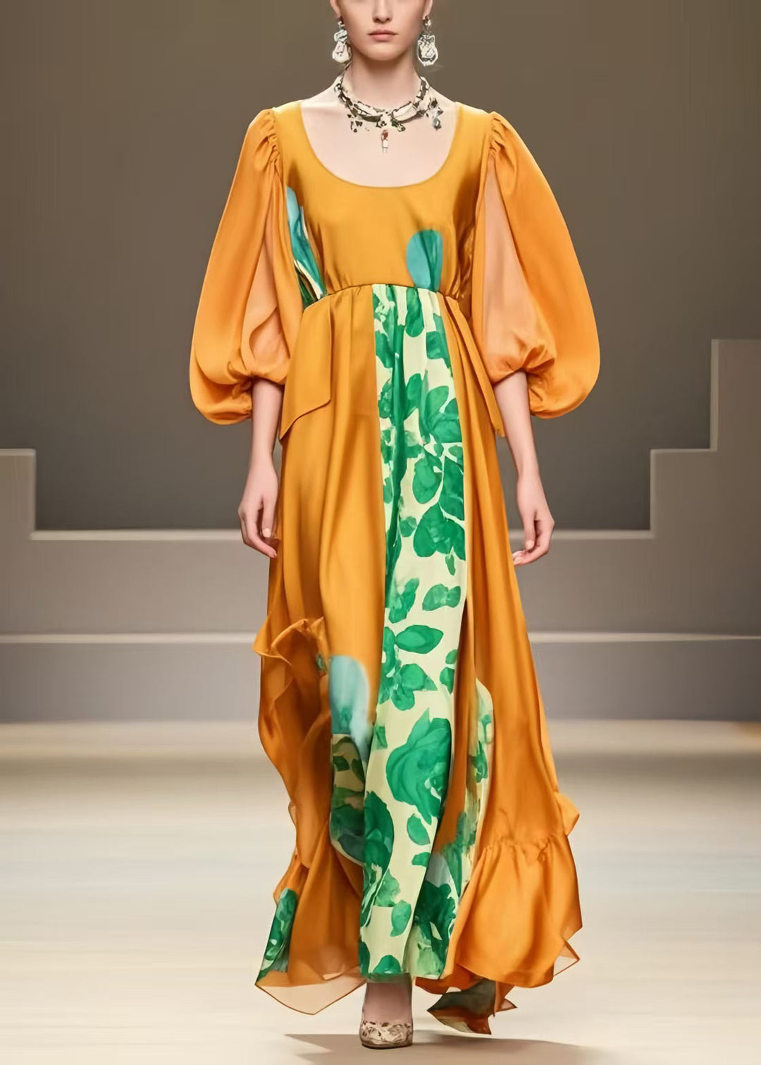 Italian Caramel U Neck Patchwork Silk Dresses Lantern Sleeve