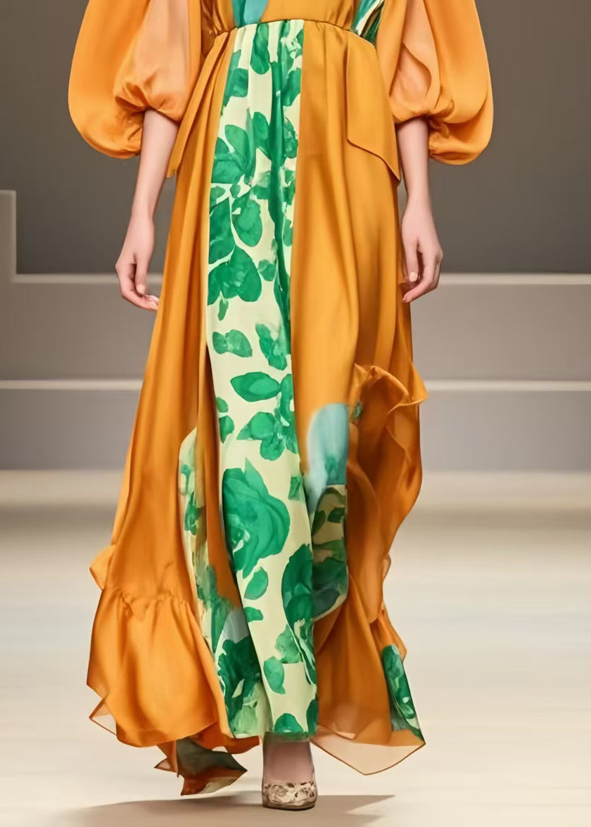 Italian Caramel U Neck Patchwork Silk Dresses Lantern Sleeve