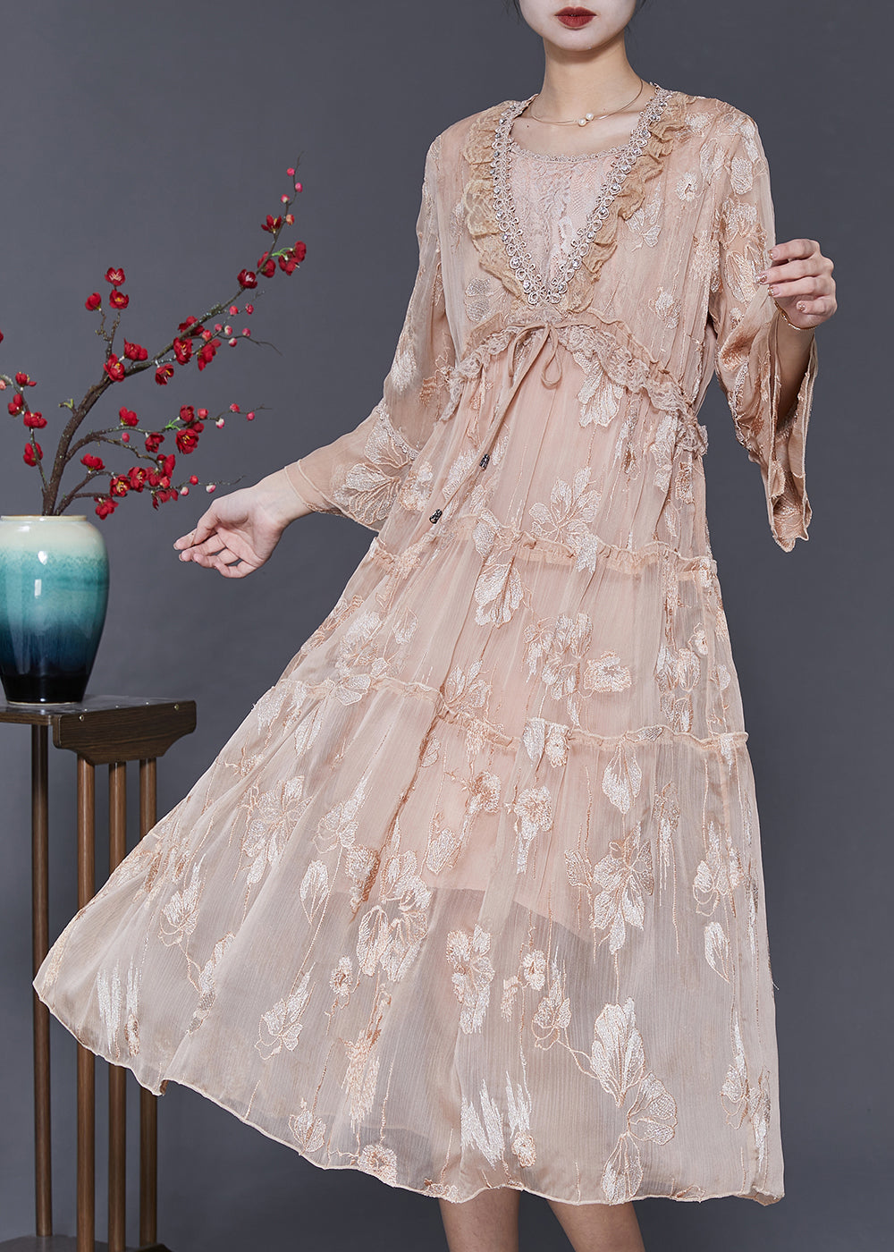 Italian Champagne Embroidered Silk Vacation Dresses Summer