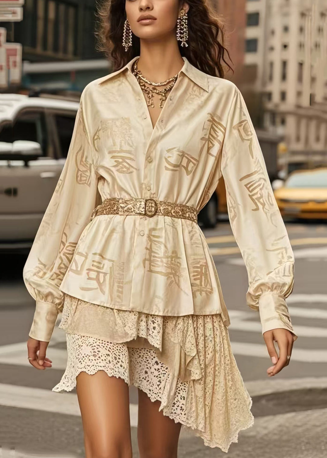 Italian Champagne Jacquard Silk Tunic Blouses Spring