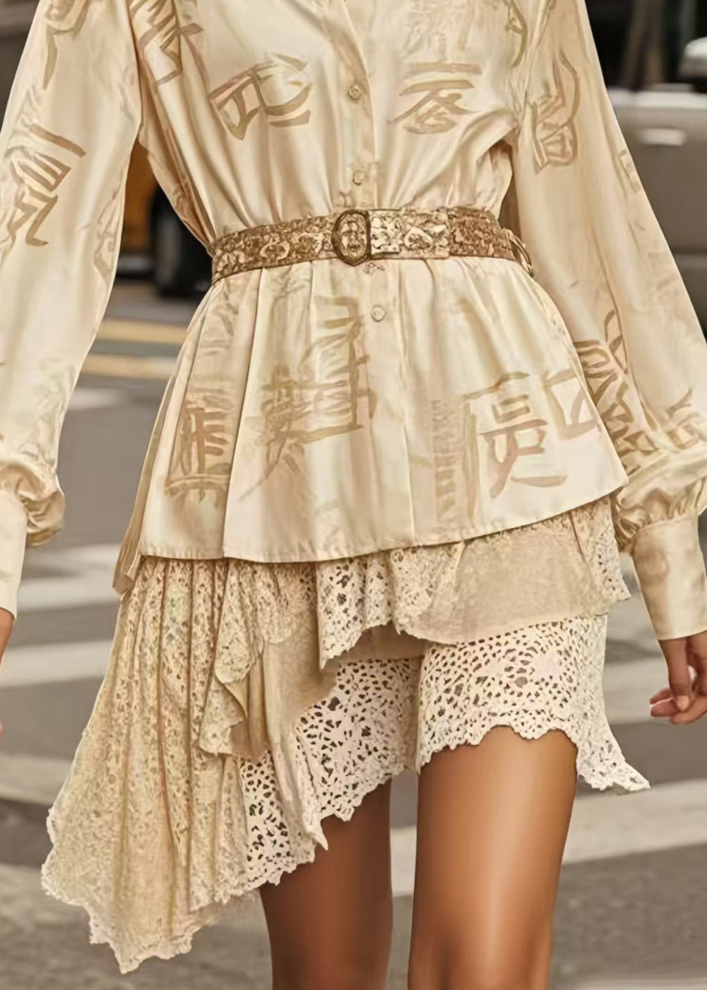 Italian Champagne Jacquard Silk Tunic Blouses Spring