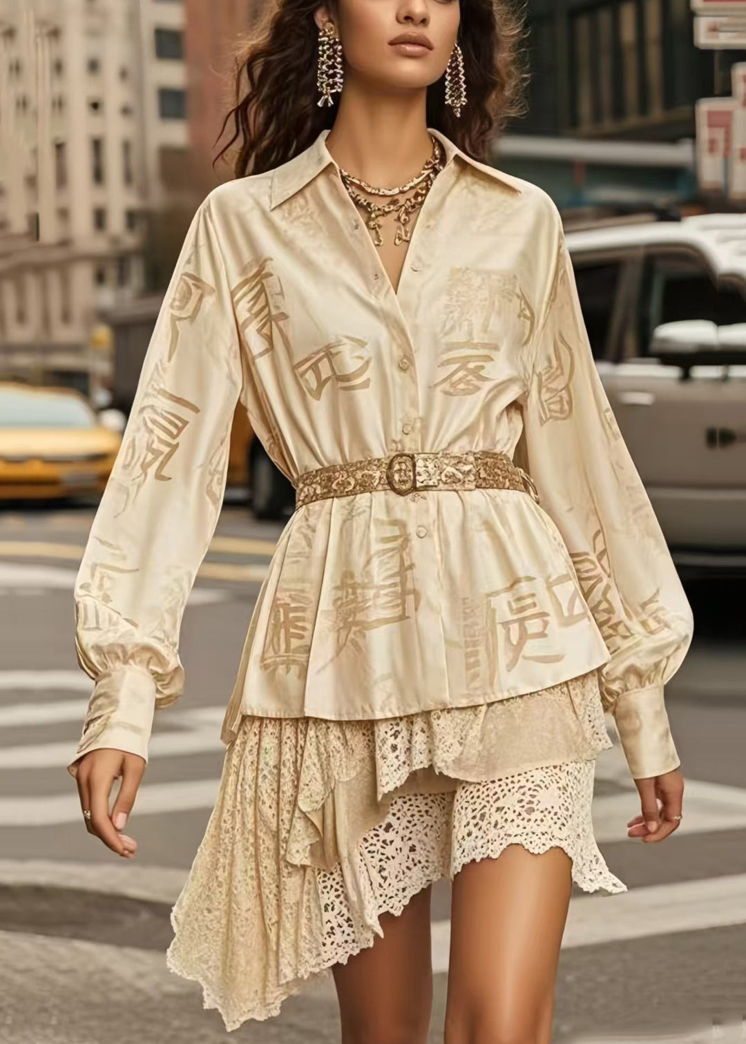 Italian Champagne Jacquard Silk Tunic Blouses Spring