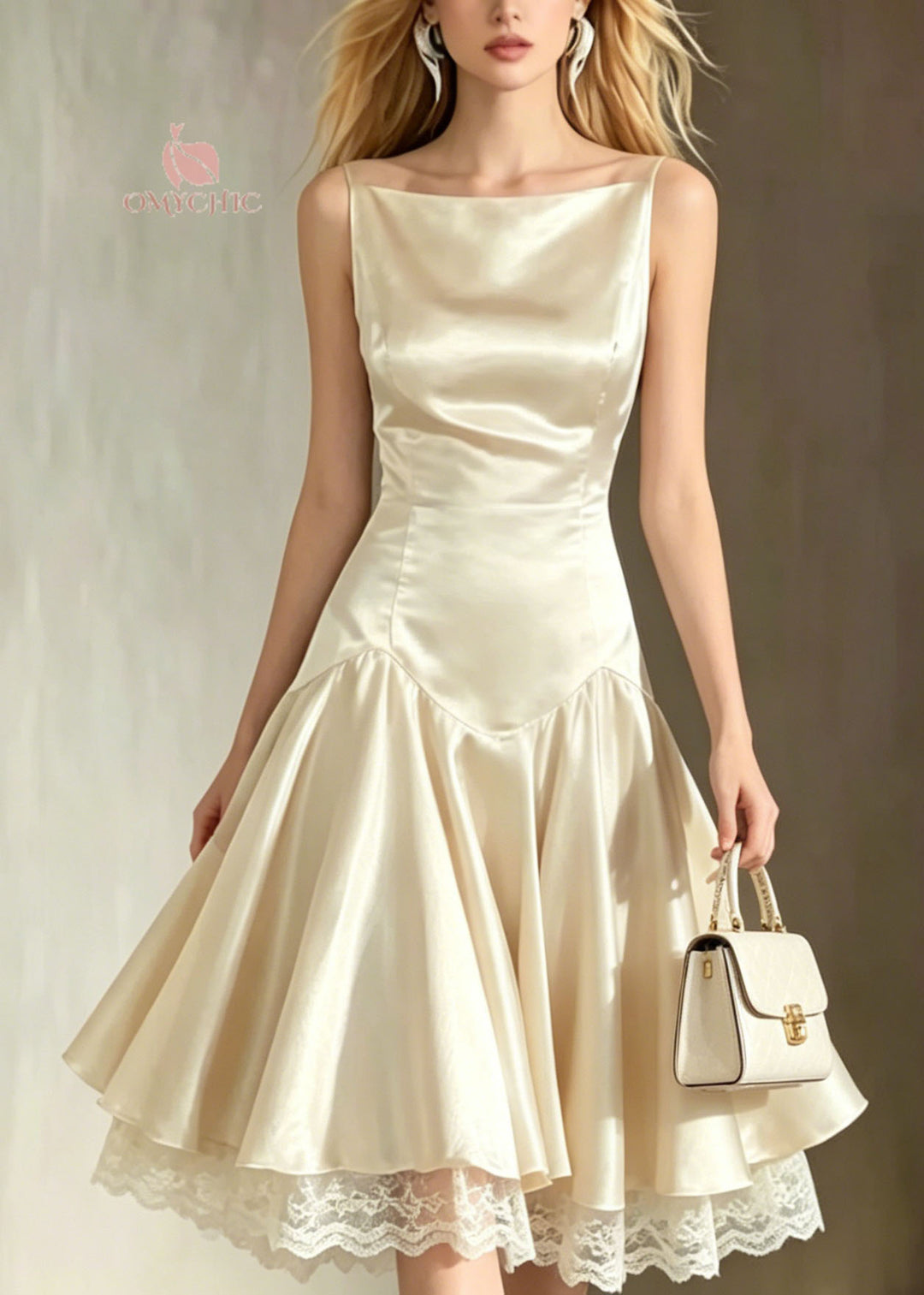 Italian Champagne Lace Patchwork Silk Spaghetti Strap Dress Summer