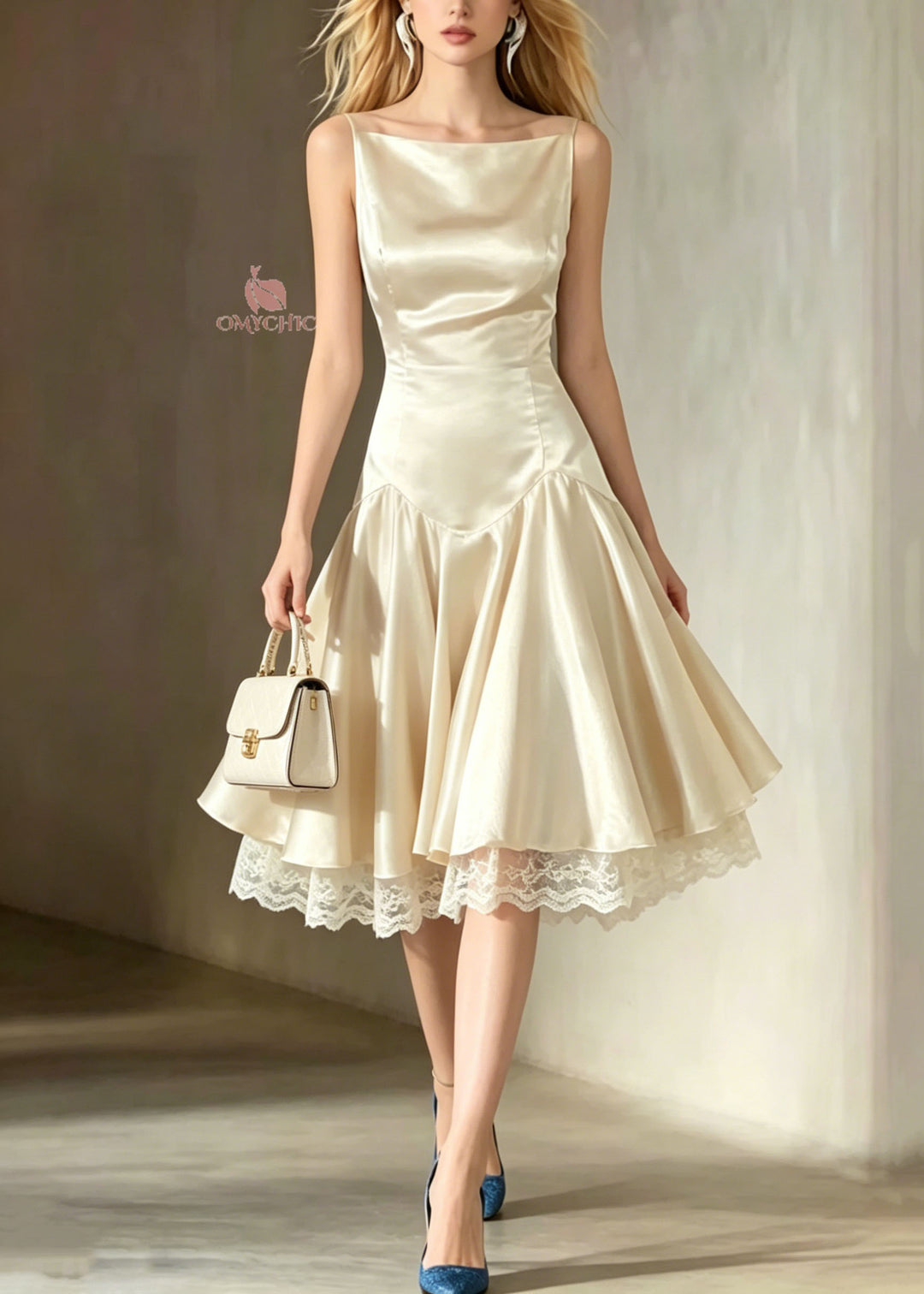 Italian Champagne Lace Patchwork Silk Spaghetti Strap Dress Summer