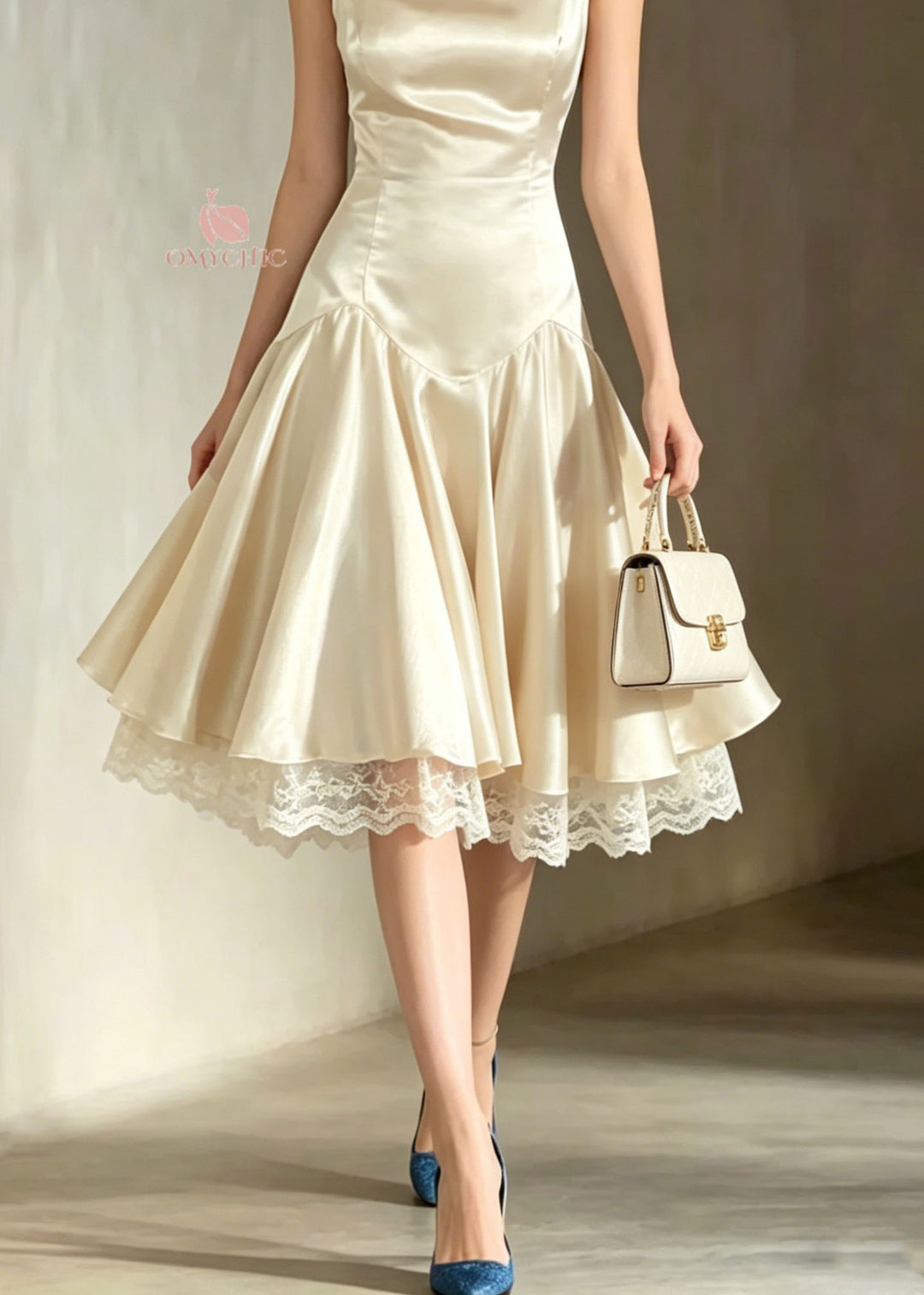 Italian Champagne Lace Patchwork Silk Spaghetti Strap Dress Summer