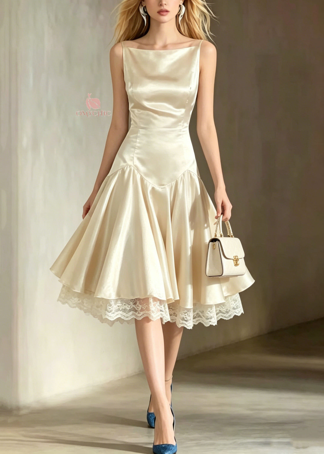 Italian Champagne Lace Patchwork Silk Spaghetti Strap Dress Summer