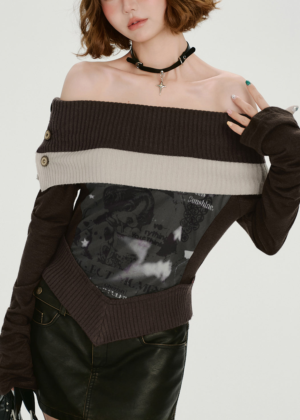 Italian Chocolate Cold Shoulder Patchwork Knit Shirts Spring