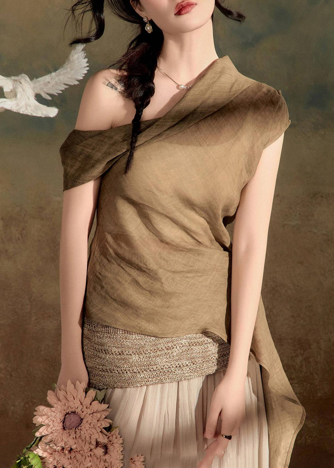 Italian Coffee Asymmetrical Cold Shoulder Shirt Summer