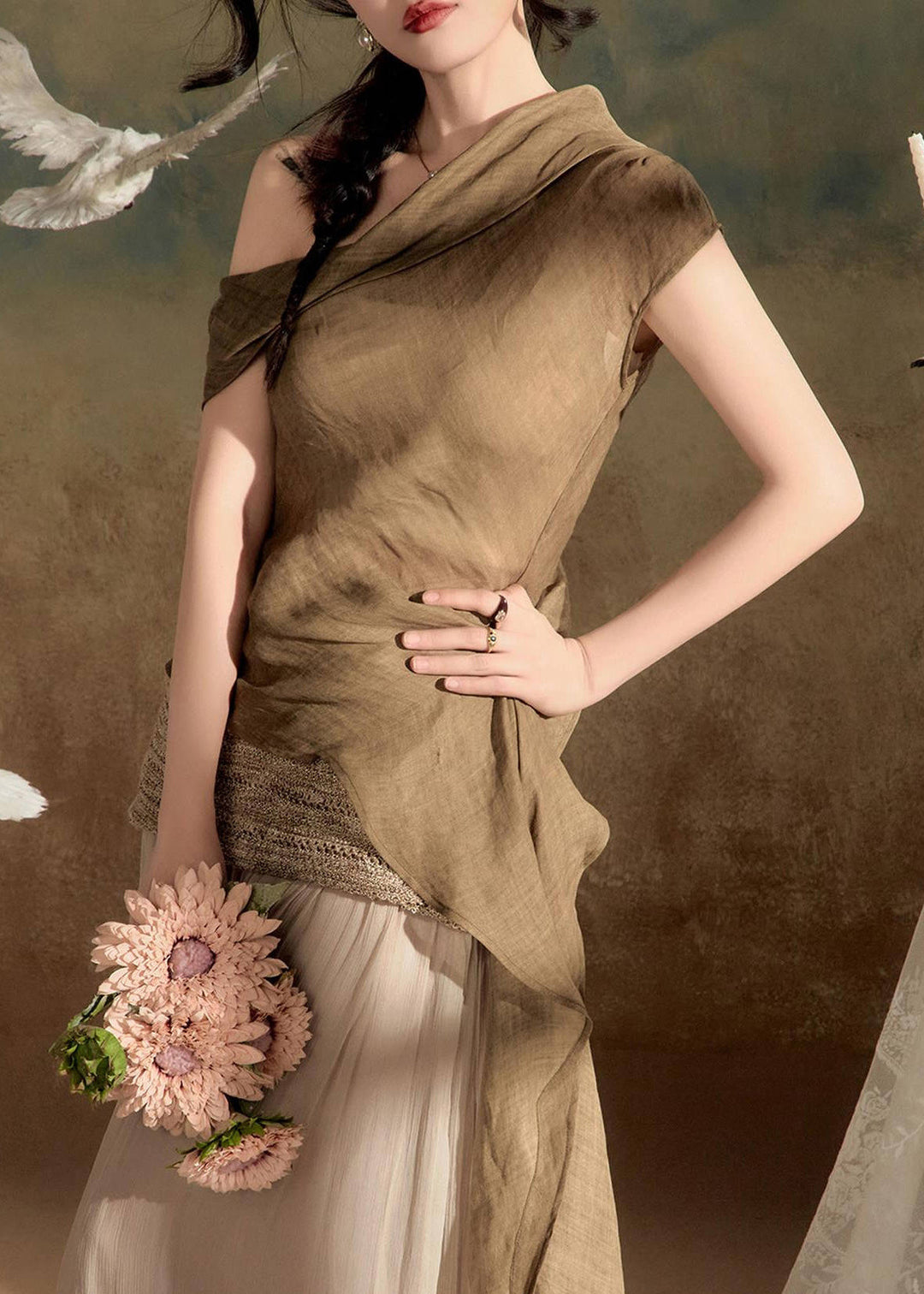 Italian Coffee Asymmetrical Cold Shoulder Shirt Summer