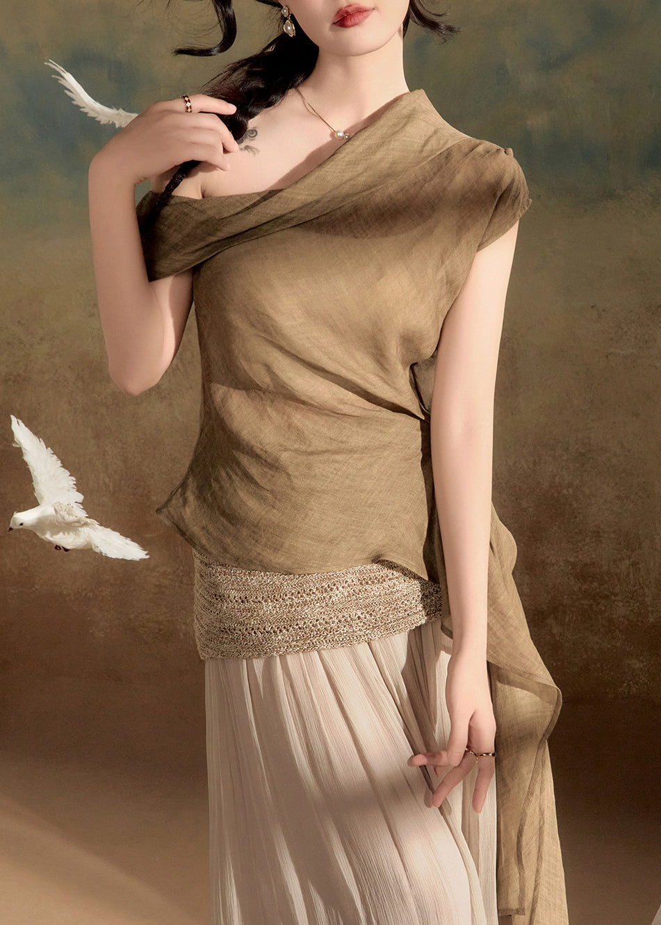Italian Coffee Asymmetrical Cold Shoulder Shirt Summer