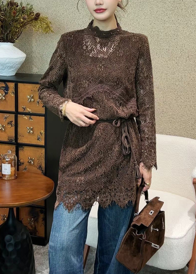 Italian Coffee Hollow Out Tie Waist Lace Mini Dress Fall