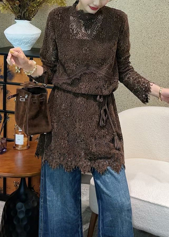 Italian Coffee Hollow Out Tie Waist Lace Mini Dress Fall