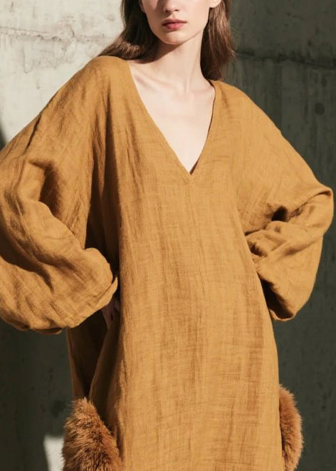 Italian Coffee Oversized Patchwork Faux Fur Vacation Dresses Fall