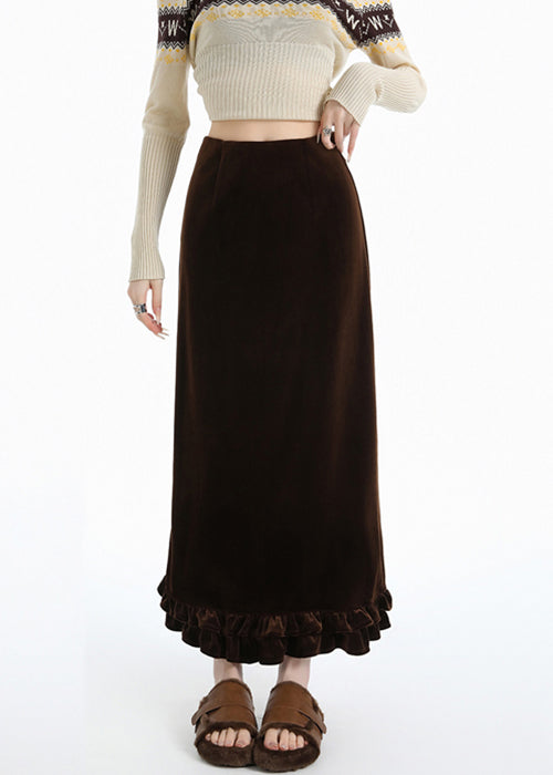 Italian Coffee Ruffled Side Open Warm Fleece Silk Velvet Skirts Winter