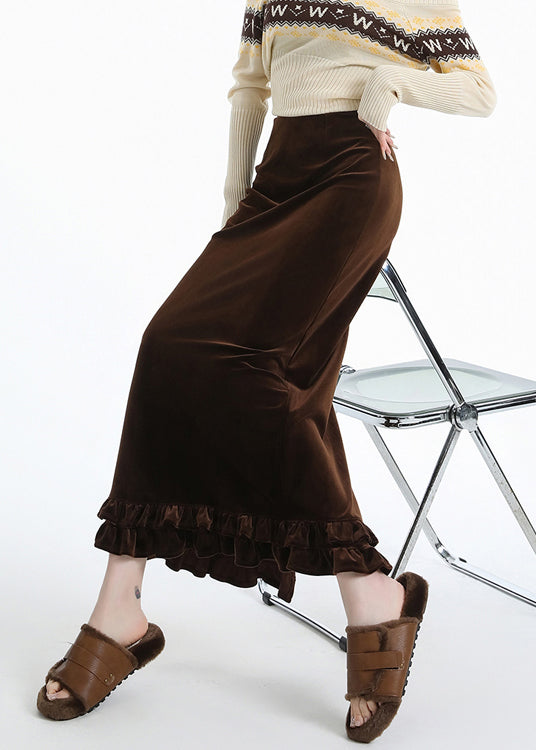 Italian Coffee Ruffled Side Open Warm Fleece Silk Velvet Skirts Winter