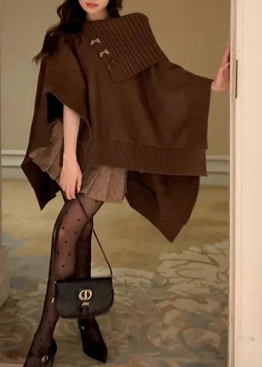 Italian Coffee Slash Neck Asymmetrical Knit Sweater Cloak Sleeves