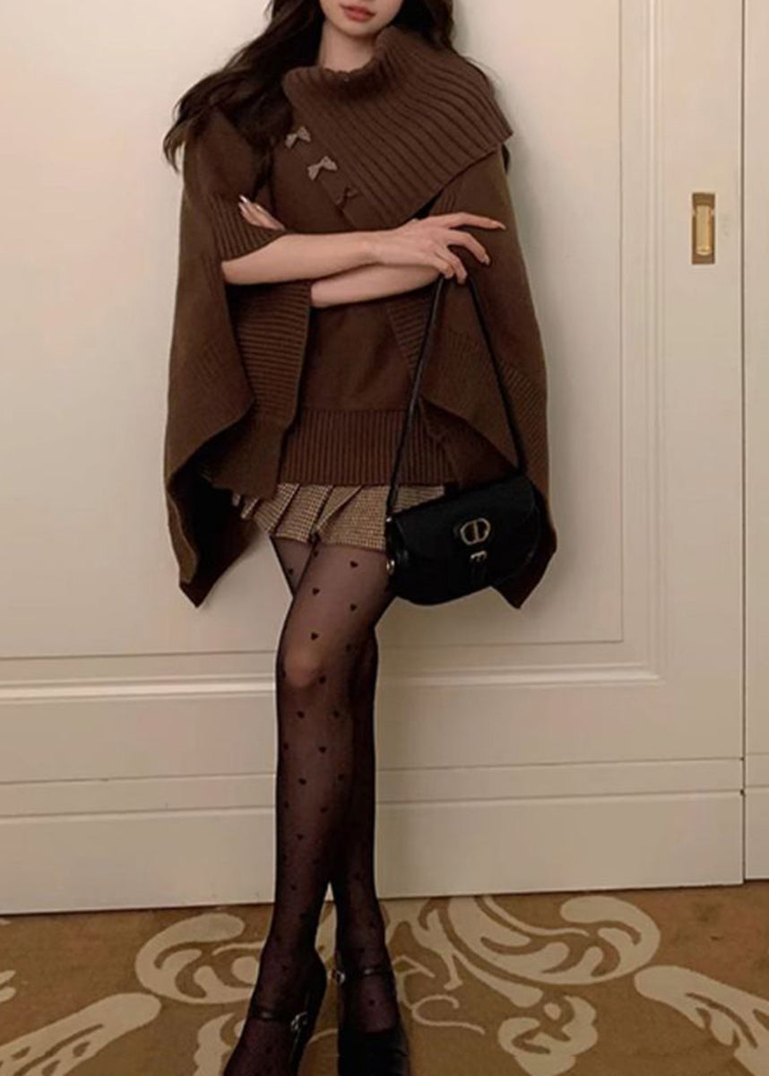 Italian Coffee Slash Neck Asymmetrical Knit Sweater Cloak Sleeves