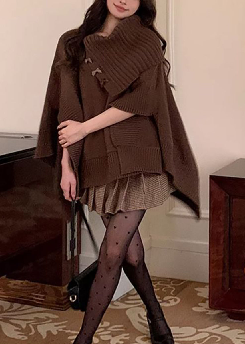 Italian Coffee Slash Neck Asymmetrical Knit Sweater Cloak Sleeves