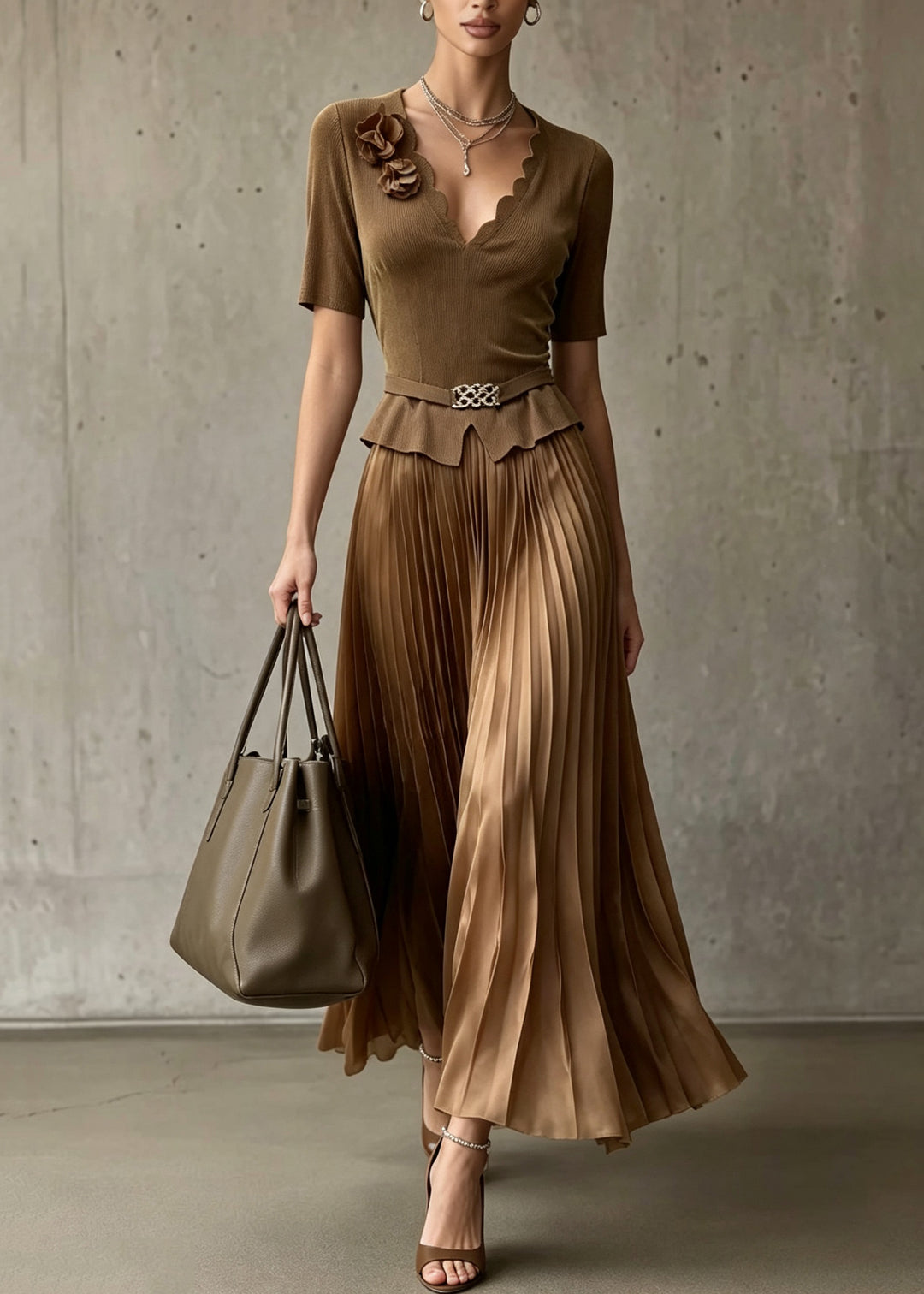 Italian Coffee V Neck Floral Wrinkled Patchwork Long Dresses Summer