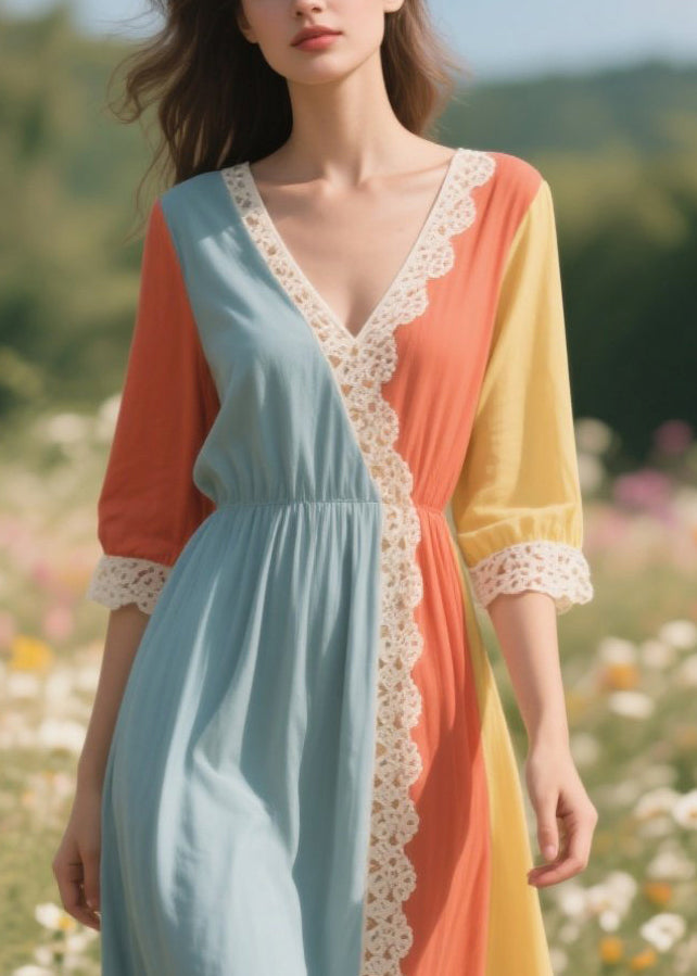 Italian Colorblock Asymmetrical Patchwork Lace Long Dress Summer