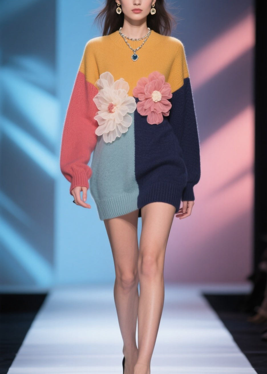 Italian Colorblock O Neck Floral Knit Mid Sweater Fall