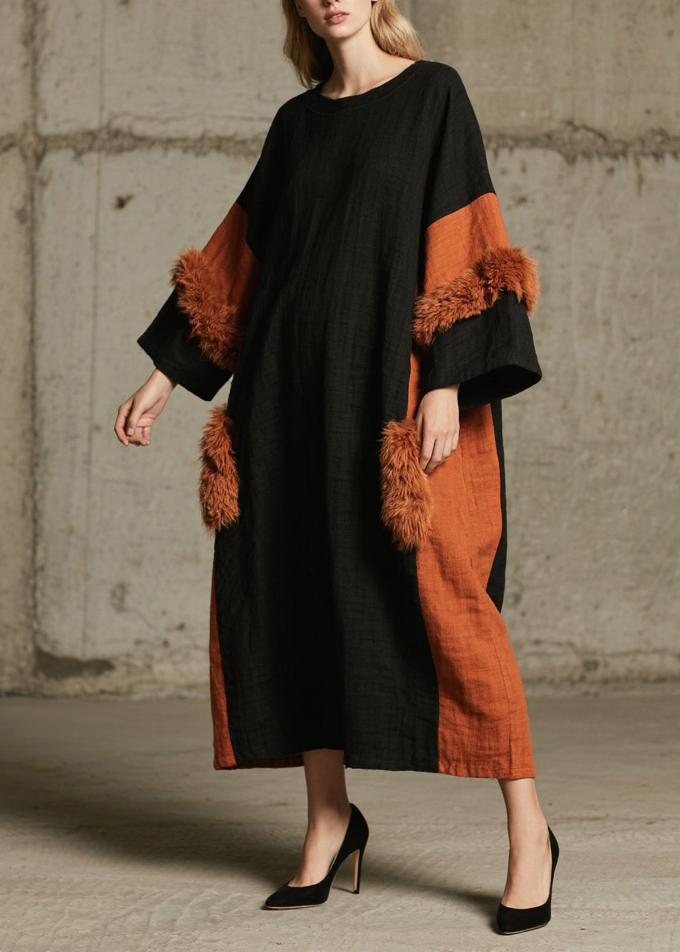 Italian Colorblock O Neck Fuzzy Fur Patchwork Cotton Dresses Fall