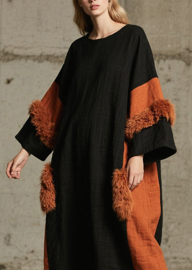 Italian Colorblock O Neck Fuzzy Fur Patchwork Cotton Dresses Fall