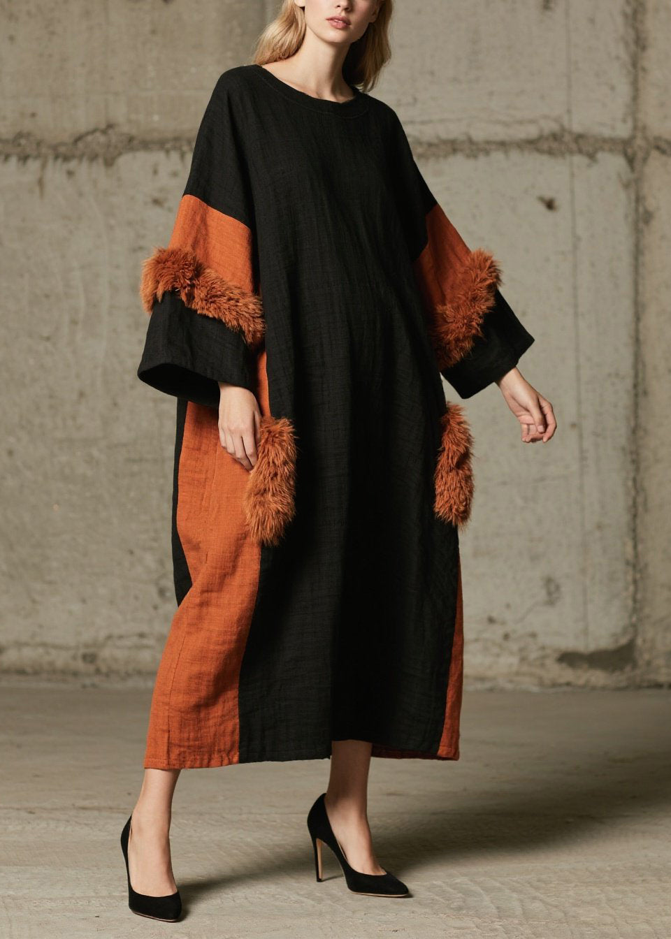 Italian Colorblock O Neck Fuzzy Fur Patchwork Cotton Dresses Fall