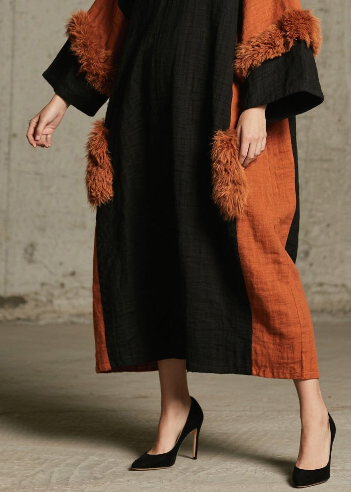 Italian Colorblock O Neck Fuzzy Fur Patchwork Cotton Dresses Fall