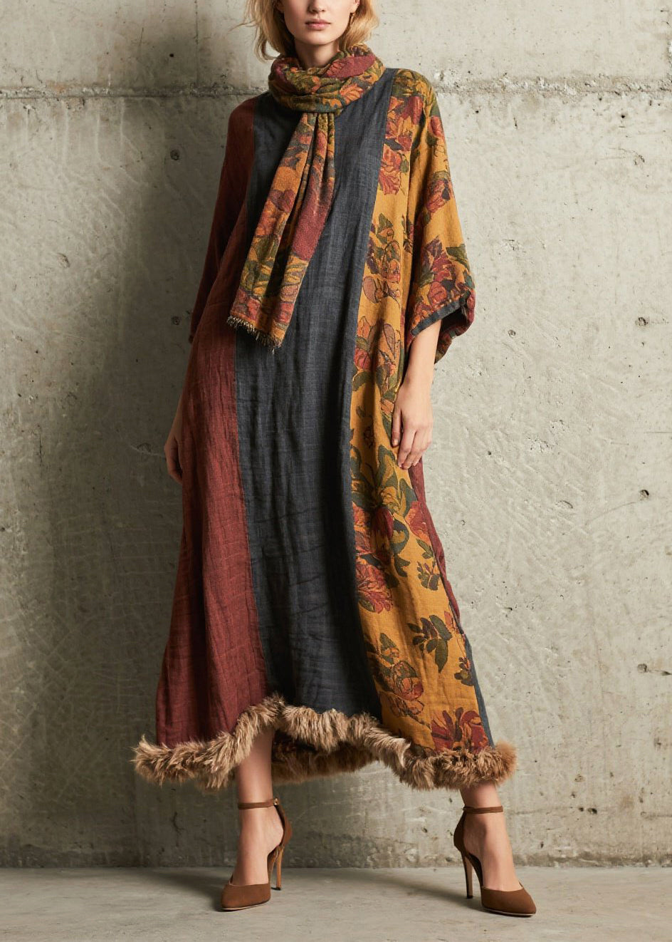 Italian Colorblock Oversized Patchwork Faux Fur Maxi Dresses Bracelet Sleeve