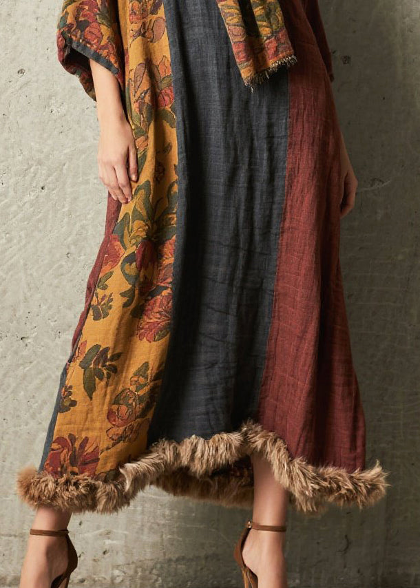 Italian Colorblock Oversized Patchwork Faux Fur Maxi Dresses Bracelet Sleeve