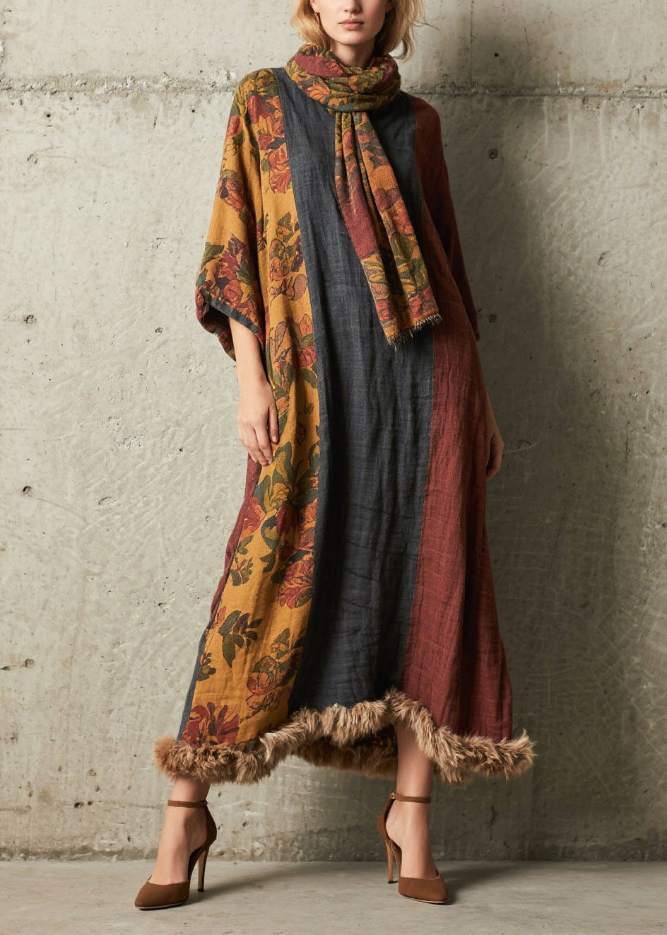 Italian Colorblock Oversized Patchwork Faux Fur Maxi Dresses Bracelet Sleeve