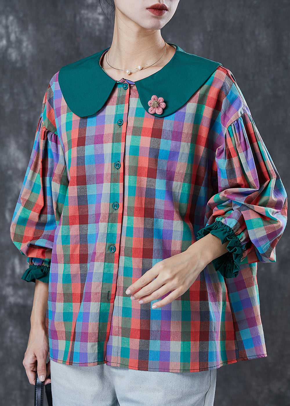 Italian Colorblock Peter Pan Collar Plaid Cotton Shirt Tops Spring