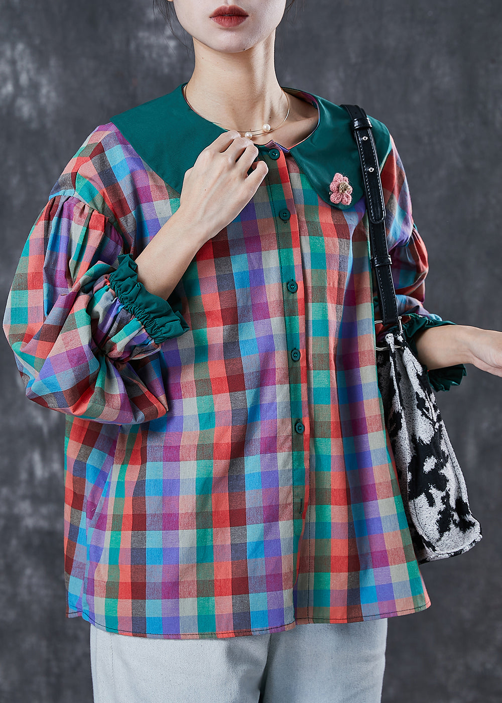 Italian Colorblock Peter Pan Collar Plaid Cotton Shirt Tops Spring