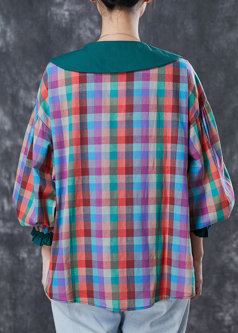Italian Colorblock Peter Pan Collar Plaid Cotton Shirt Tops Spring