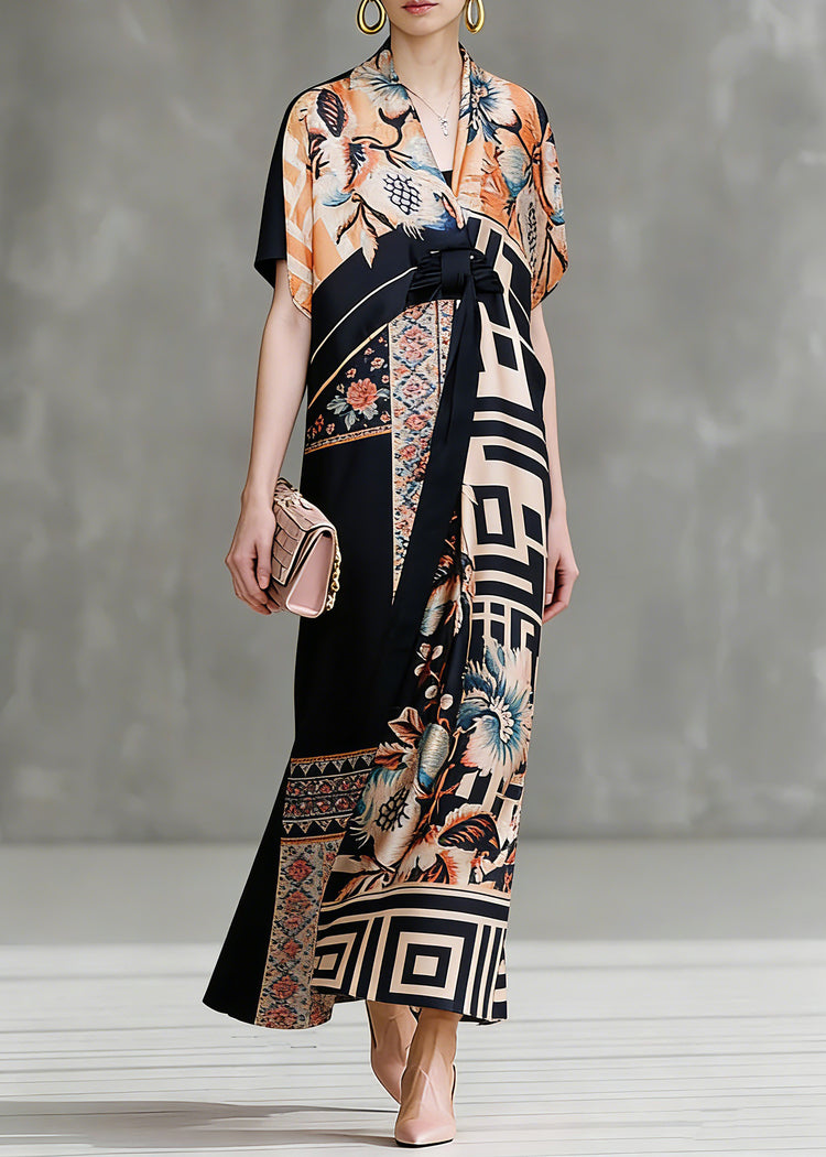 Italian Colorblock V Neck Asymmetrical Design Print Silk Dresses Short Sleeve - Omychic