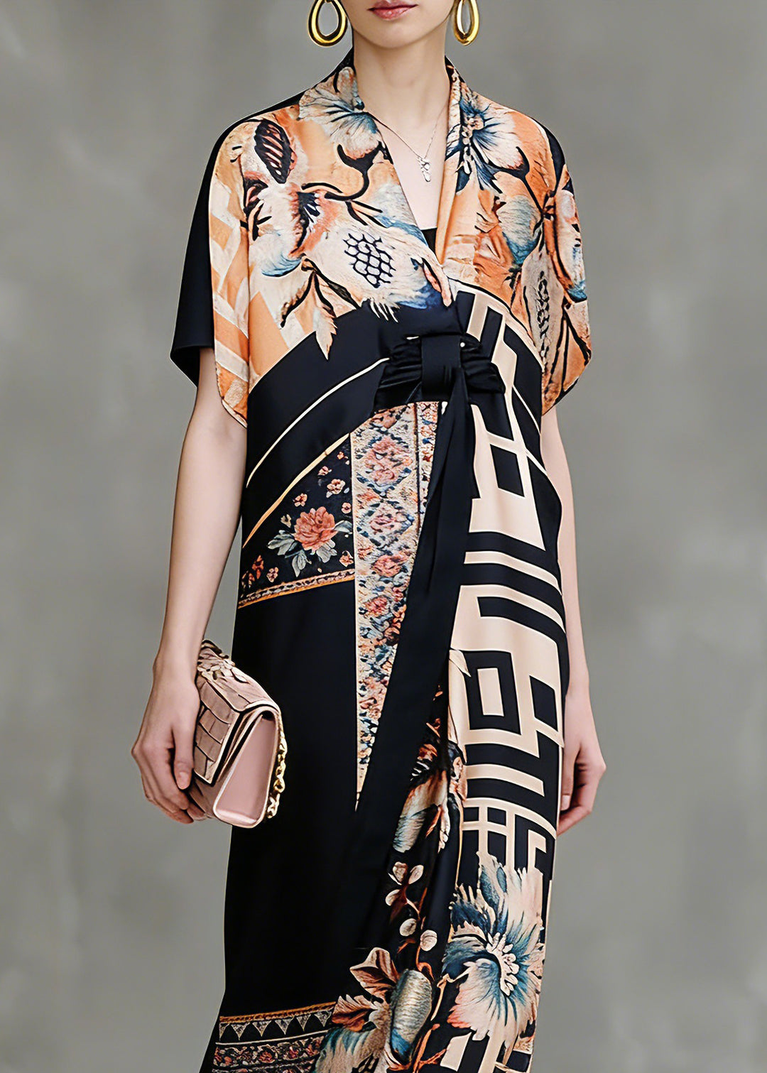 Italian Colorblock V Neck Asymmetrical Design Print Silk Dresses Short Sleeve - Omychic