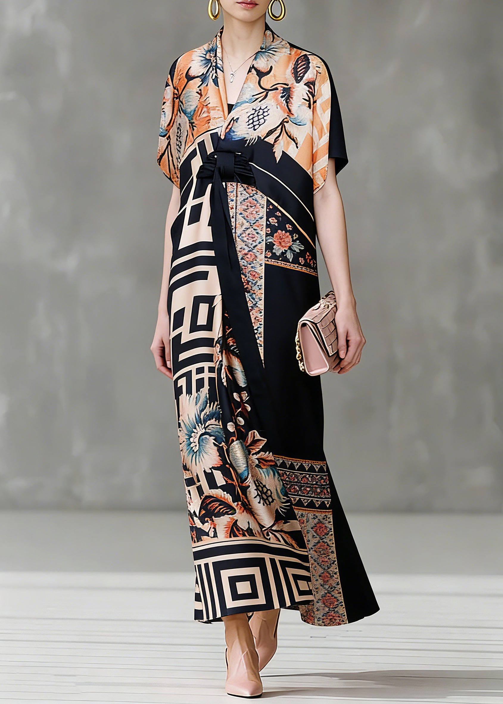 Italian Colorblock V Neck Asymmetrical Design Print Silk Dresses Short Sleeve - Omychic