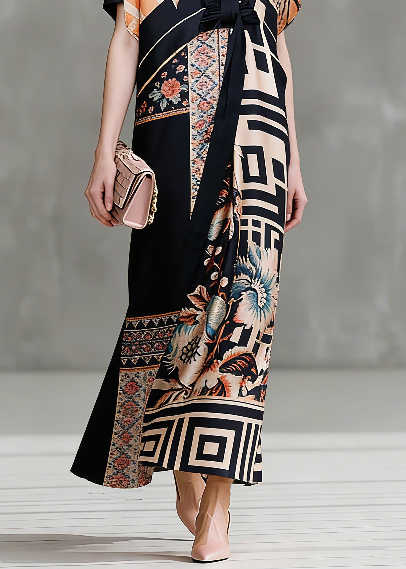 Italian Colorblock V Neck Asymmetrical Design Print Silk Dresses Short Sleeve - Omychic