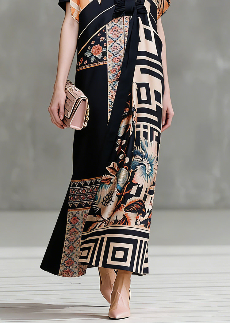 Italian Colorblock V Neck Asymmetrical Design Print Silk Dresses Short Sleeve - Omychic