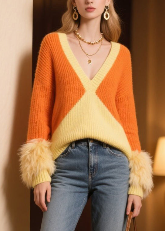 Italian Colorblock V Neck Patchwork Faux Fur Knit Pullover Winter