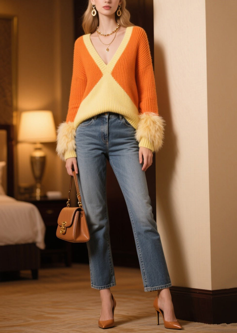 Italian Colorblock V Neck Patchwork Faux Fur Knit Pullover Winter