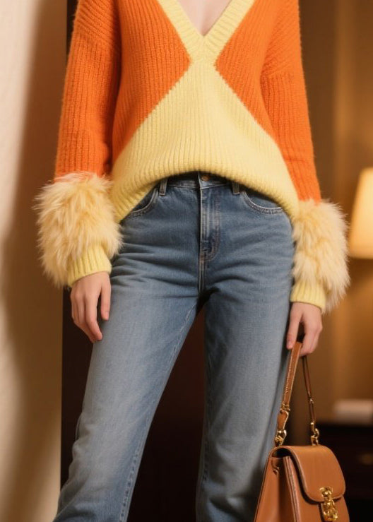Italian Colorblock V Neck Patchwork Faux Fur Knit Pullover Winter