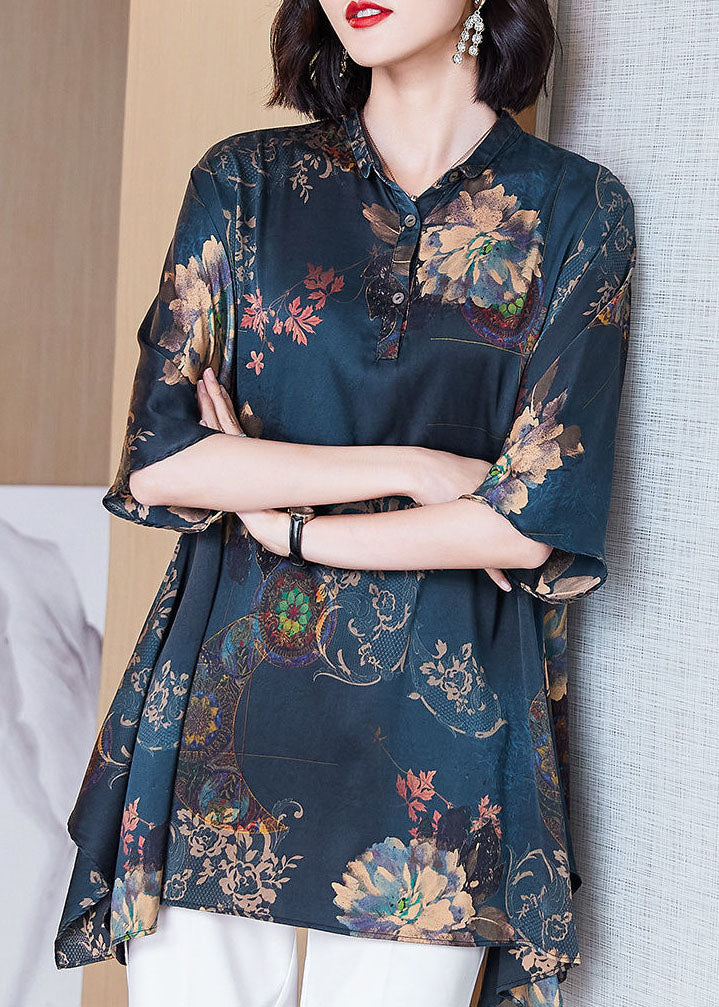 Italian Dark Blue Peter Pan Collar Button Asymmetrical Print Silk Tops Spring