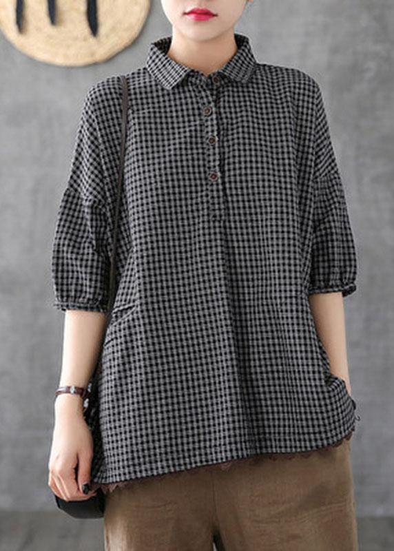 Italian Dark Grey Linen Plaid Summer Patchwork Half Sleeve - SooLinen