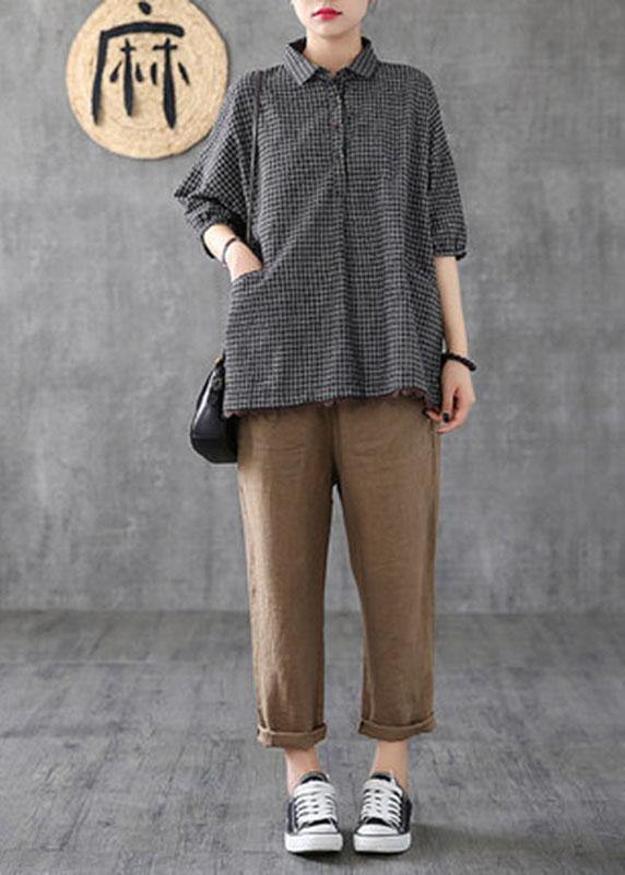 Italian Dark Grey Linen Plaid Summer Patchwork Half Sleeve - SooLinen