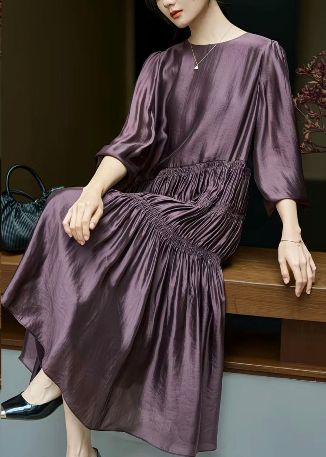 Italian Dark Purple O-Neck Wrinkled Long Dresses Fall