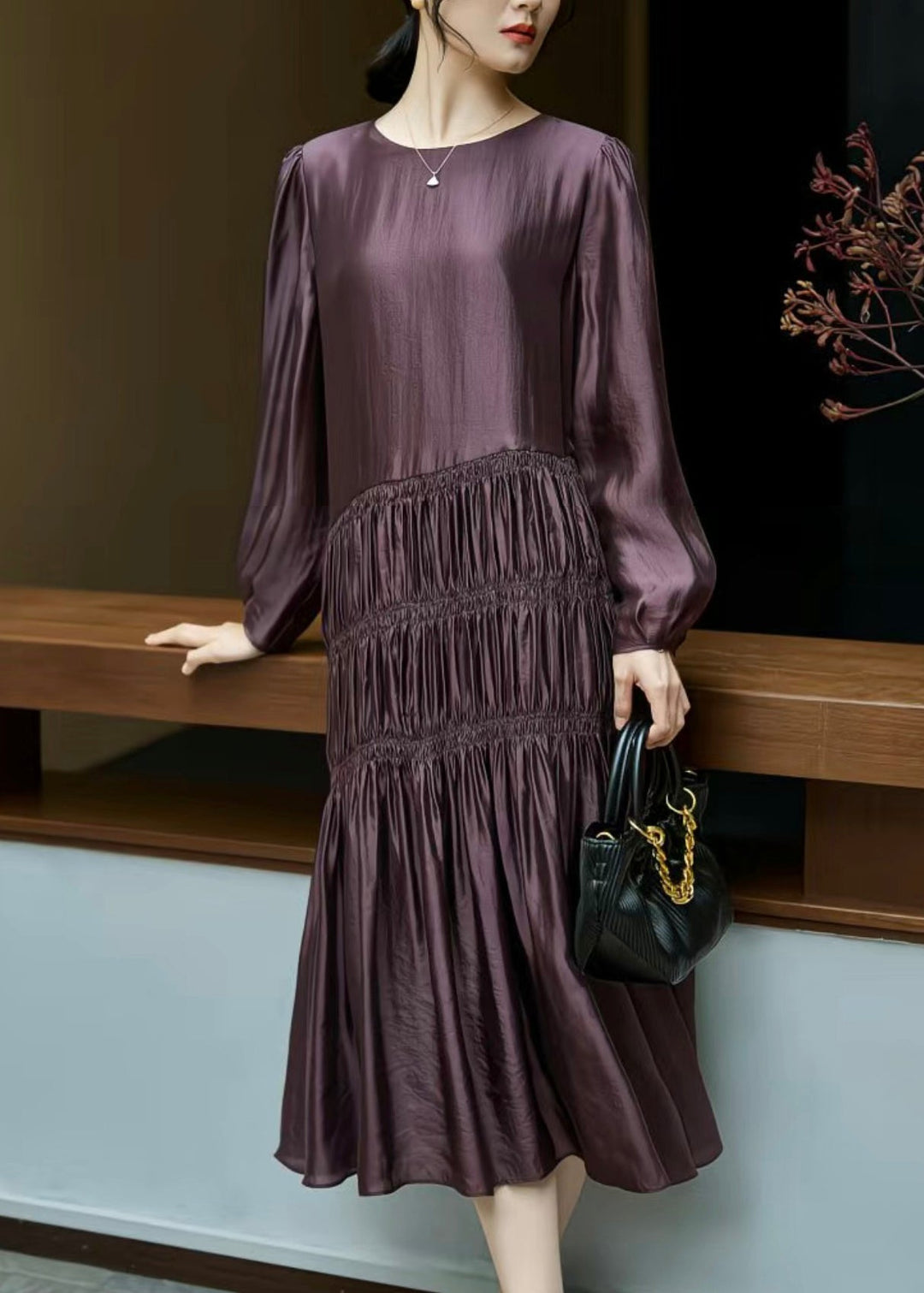 Italian Dark Purple O-Neck Wrinkled Long Dresses Fall