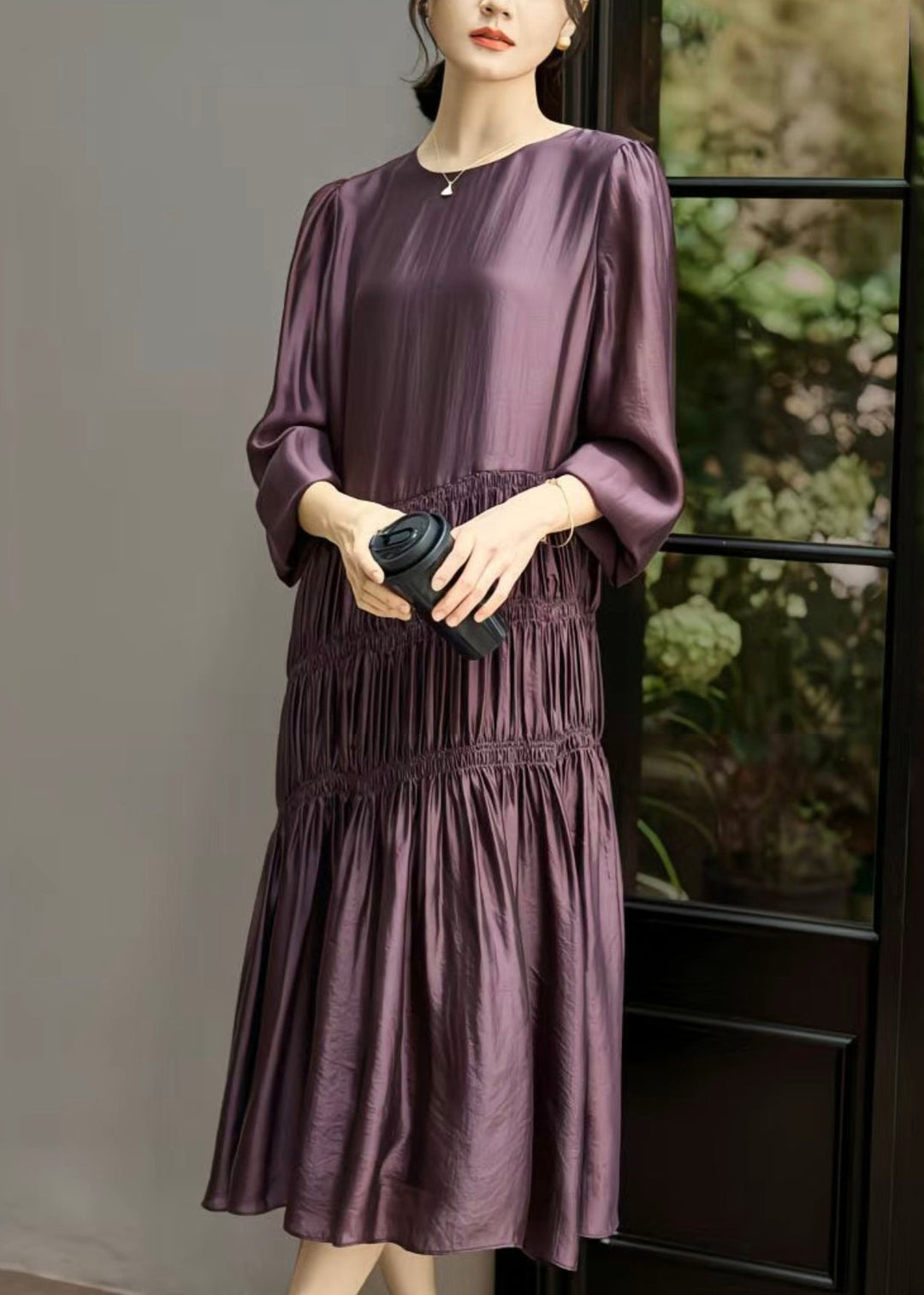 Italian Dark Purple O-Neck Wrinkled Long Dresses Fall