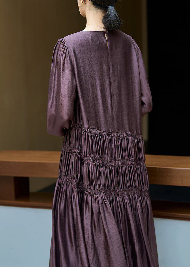 Italian Dark Purple O-Neck Wrinkled Long Dresses Fall